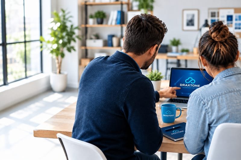 A Draxtone Technologies consultant pointing at a laptop showing the Draxtone logo while explaining something to a small business owner in a bright office