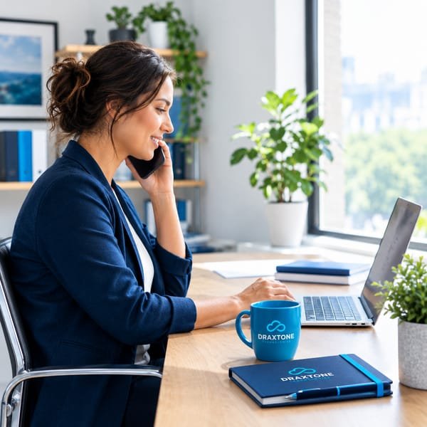 A smiling woman on a phone call at her desk, with a laptop and a Draxtone Technologies mug and notebook